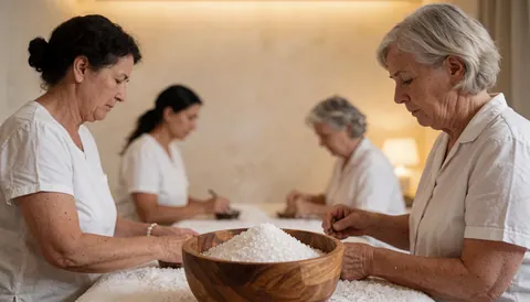 Trois femmes dans un salon de spa préparent du sel marin sur une table en bois, avec un bol en bois au premier plan, sous une lumière chaude et une ambiance tranquille.