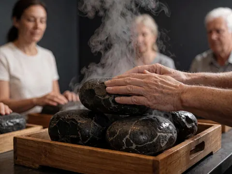 Des mains posent des pierres chaudes fumantes sur un plateau en bois dans un centre de massage avec des clients en arrière-plan.