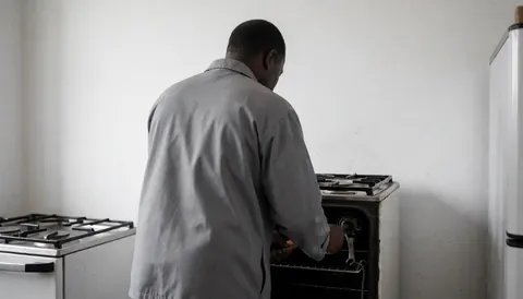 Un technicien effectue une réparation sur une cuisinière ouverte dans une cuisine aux murs blancs.