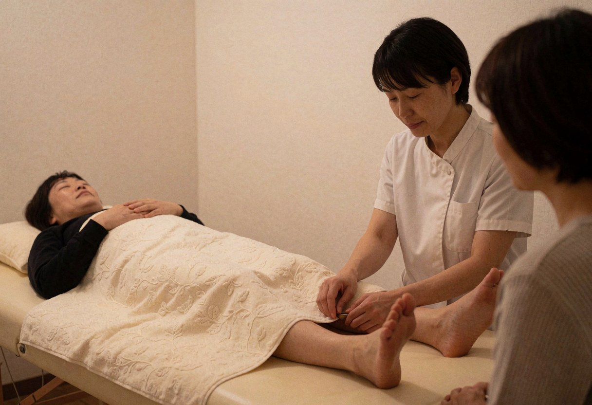 Un thérapeute réalise une séance de réflexologie plantaire sur un client allongé sur une table de massage dans un espace lumineux et apaisant.