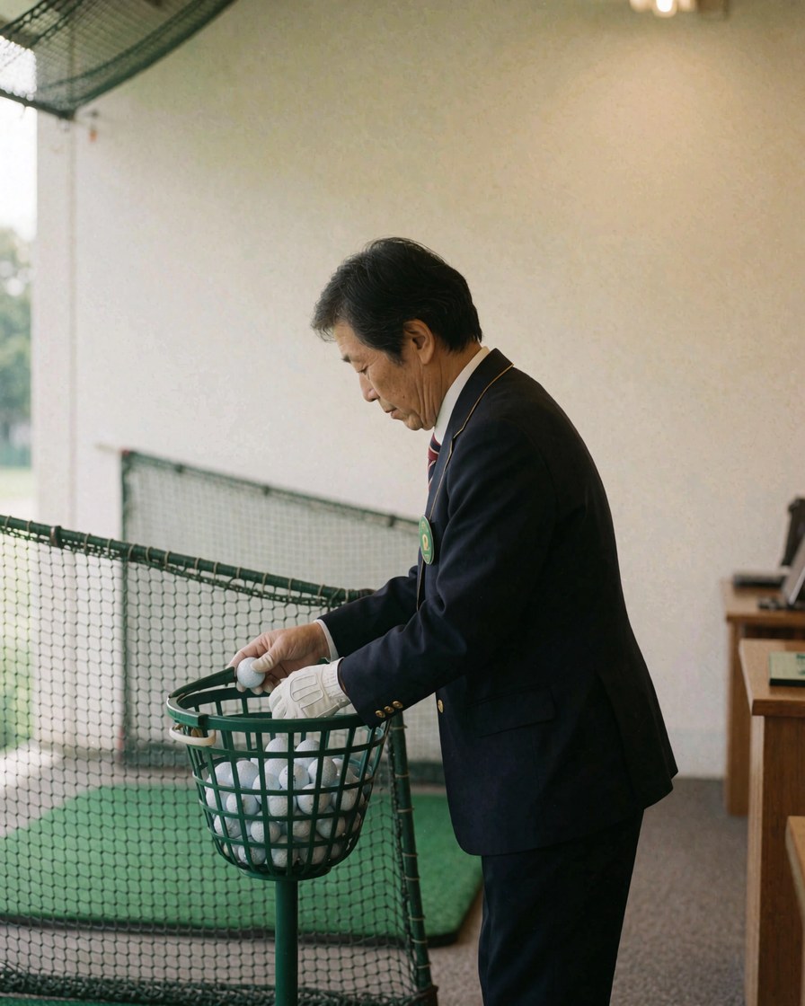 Un employé de terrain de golf organise des balles de golf dans un panier vert, avec un filet de sécurité et des tapis verts en arrière-plan.
