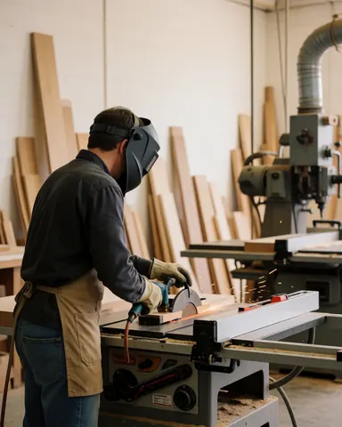 Un menuisier équipé d'un casque de protection coupe une planche de bois dans un atelier rempli de machines et de matériaux de construction.