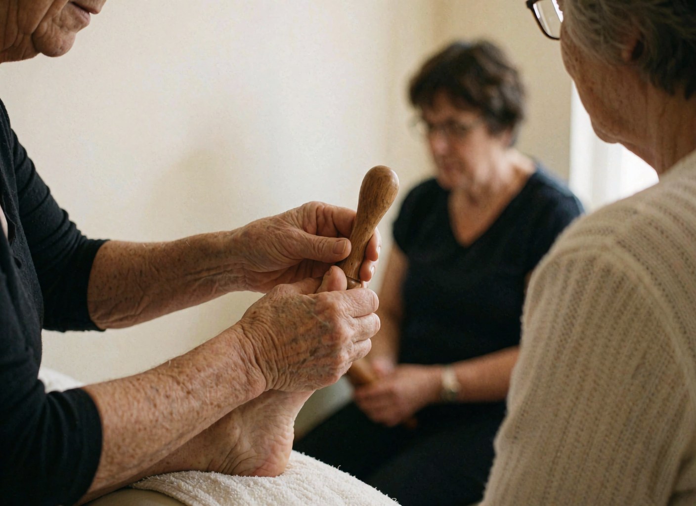 Thérapeute utilisant un bâton en bois poli pour appliquer une pression sur le pied d'un client dans un espace clinique calme aux murs blancs.