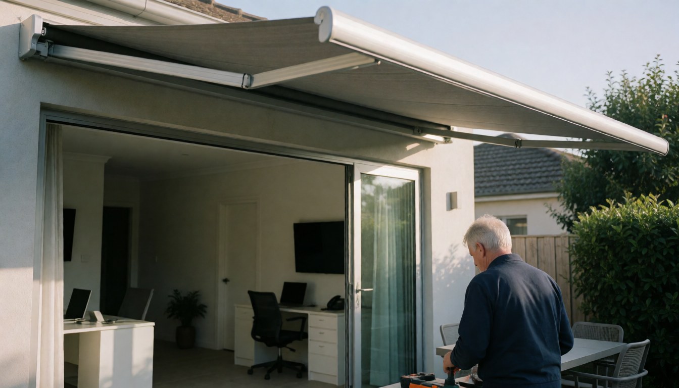 Un technicien installe un auvent dans un patio ensoleillé, utilisant des outils et du matériel d'aluminium pour un service professionnel.
