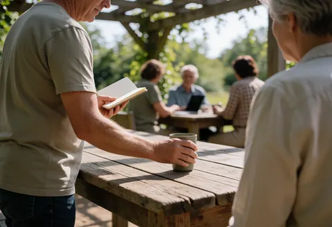 Un homme dépose une tasse sur une table en bois rustique dans un parc écologique en plein air, illustrant un service en cours.