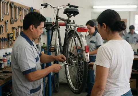 Un mécanicien en atelier fixe un porte-bagages arrière sur un vélo. Des outils sont suspendus au mur tandis qu'une cliente observe la prestation de service de réparation.