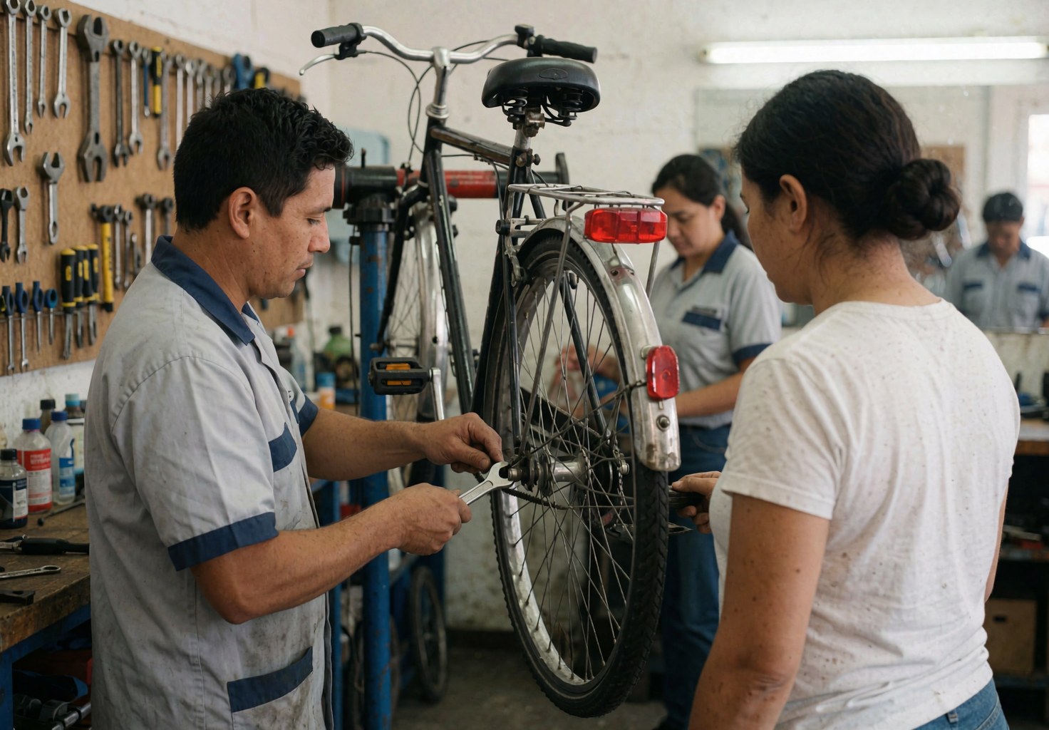Un mécanicien en atelier fixe un porte-bagages arrière sur un vélo. Des outils sont suspendus au mur tandis qu'une cliente observe la prestation de service de réparation.