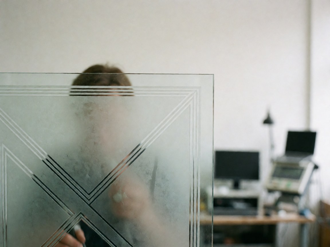 Détail d'une main tenant un outil de gravure sur une surface vitrée, avec un motif géométrique visible, sur un fond flou de atelier aux murs blancs.