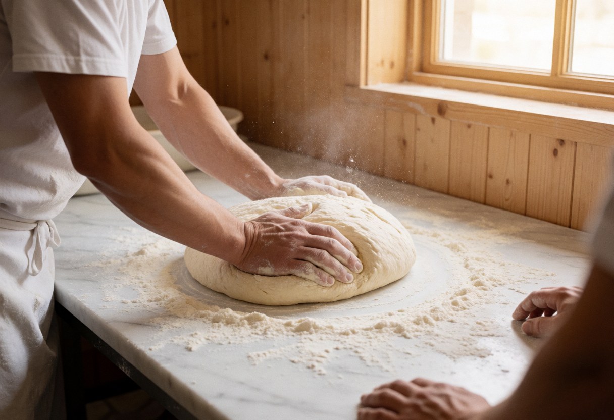 Des mains pétrissent de la pâte sur une table en marbre dans une boulangerie aux murs en bois et à la lumière naturelle.