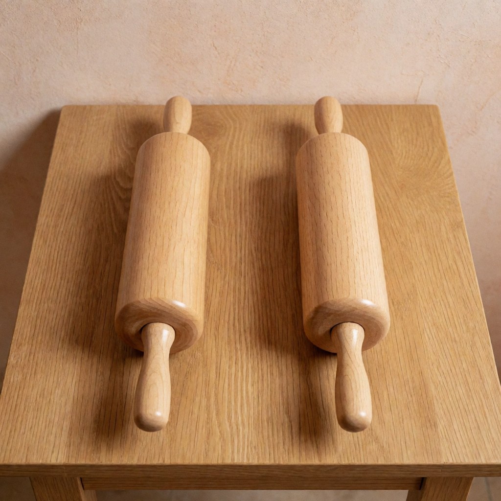 Deux rouleaux à pâtisserie en bois poli posés sur une table en bois clair devant un mur terracotta, éclairage naturel, style minimaliste adapté à la boulangerie et la pâtisserie