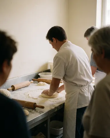 Un boulanger en uniforme blanc pétrissant la pâte sur une table en acier inoxydable, avec des rouleaux et de la farine, dans une boulangerie aux murs blancs et à la lumière naturelle.