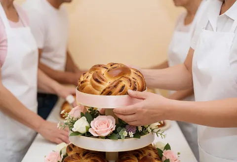 Pain aux fruits orné de fleurs et rubans sur un présentoir à deux niveaux, présenté par des mains portant des tabliers blancs.