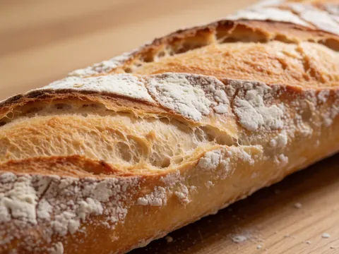 Baguette fraîchement cuite saupoudrée de farine posée sur une surface en bois, idéale pour la boulangerie et la pâtisserie.