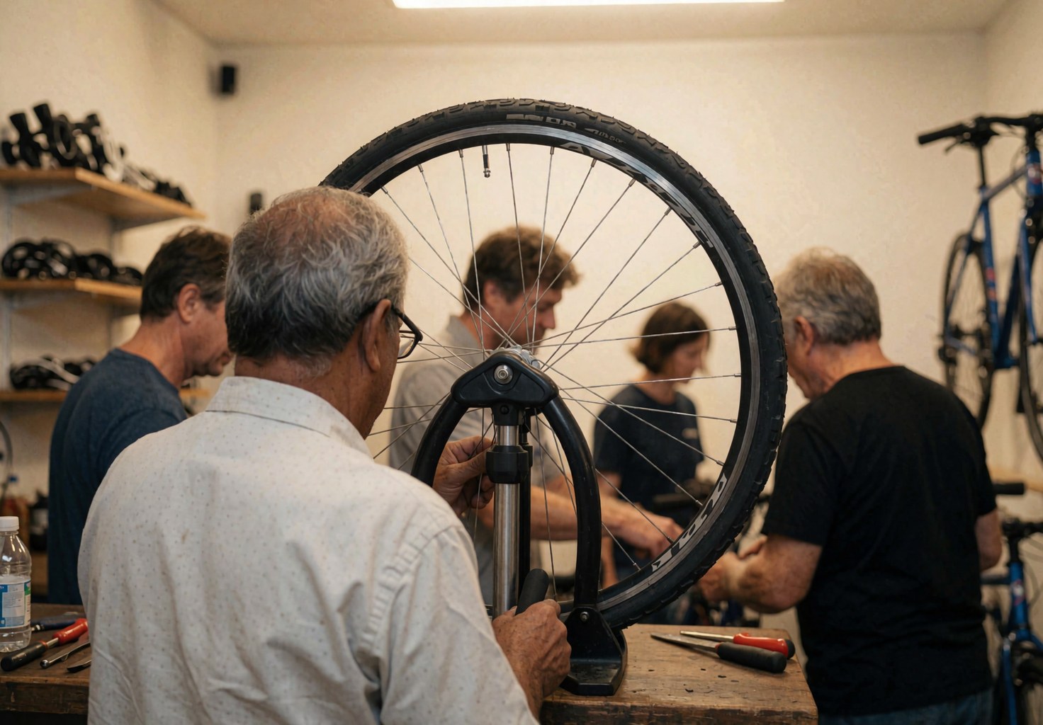 Des mécaniciens effectuent une réparation de vélo dans un atelier. Des roues et des outils sont visibles sur le lieu de travail.