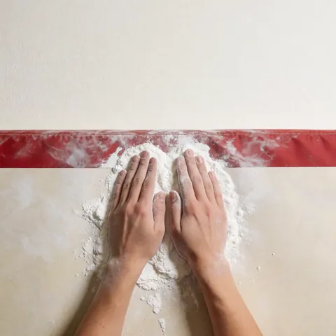 Des mains en train de pétrir de la farine sur une table de travail dans une boulangerie aux murs blancs et à la bande rouge.