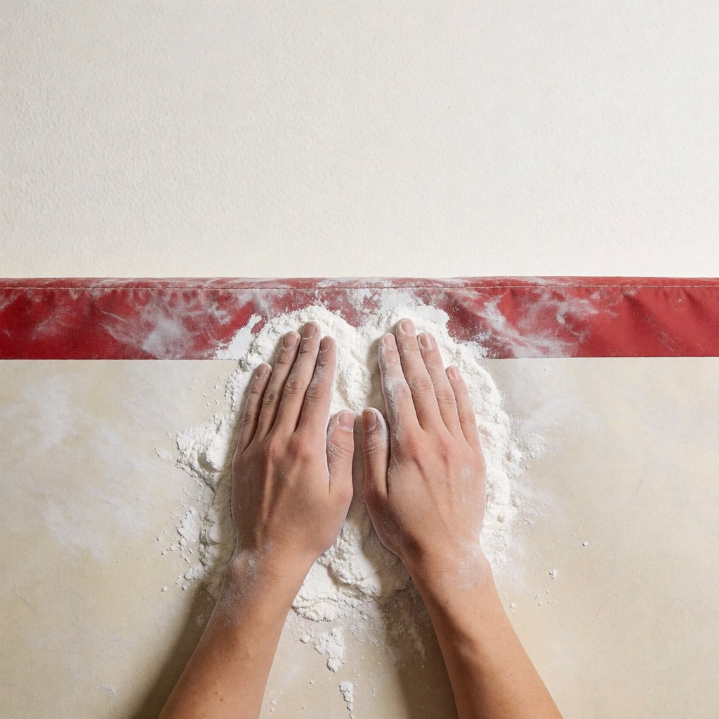 Des mains en train de pétrir de la farine sur une table de travail dans une boulangerie aux murs blancs et à la bande rouge.