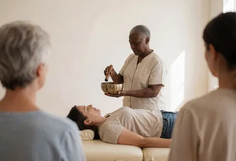 Un praticien de reiki s'allonge sur une table de massage dans une pièce aux murs clairs, baignée d'une lumière naturelle chaleureuse, dans une ambiance de sérénité.