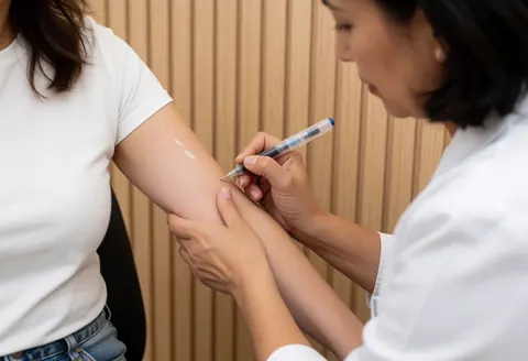 Une professionnelle de santé marque un bras de client avec de l'encre médicale dans une clinique aux murs en lattes de bois clair.