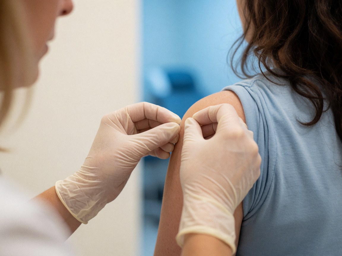 Un professionnel portant des gants effectue une injection dans le bras d'un patient au sein d'une clinique aux murs bleus et blancs.