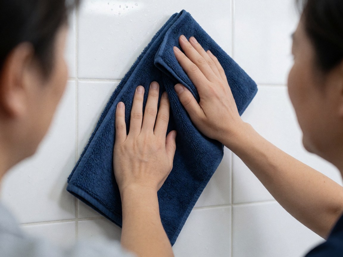 Des mains utilisant une serviette bleue pour nettoyer un mur de carreaux blancs, illustrant un service de nettoyage professionnel en action.