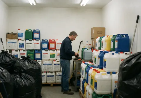 Un homme utilise un outil dans un entrepôt de nettoyage rempli de bouteilles et de sacs poubelle sous des lumières fluorescentes.