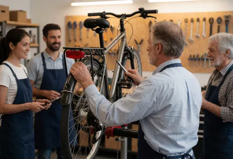 Mécanicien ajuste un porte-bagages arrière dans un atelier, avec des outils au mur et d'autres travailleurs observant le service.