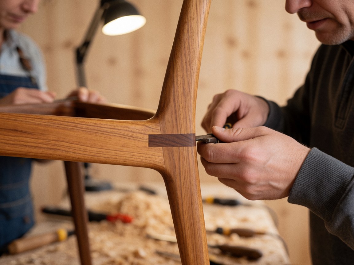 Mains de charpentier ajustant un assemblage à tenon et mortaise sur du bois de noyer et de saule, avec de la sciure dans un atelier.