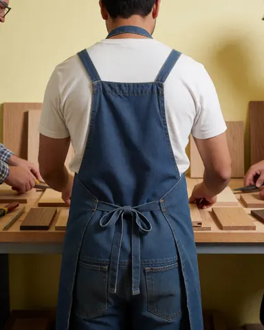 Charpentier de dos portant un tablier bleu, triant des échantillons de bois sur une table de travail devant un mur beige.