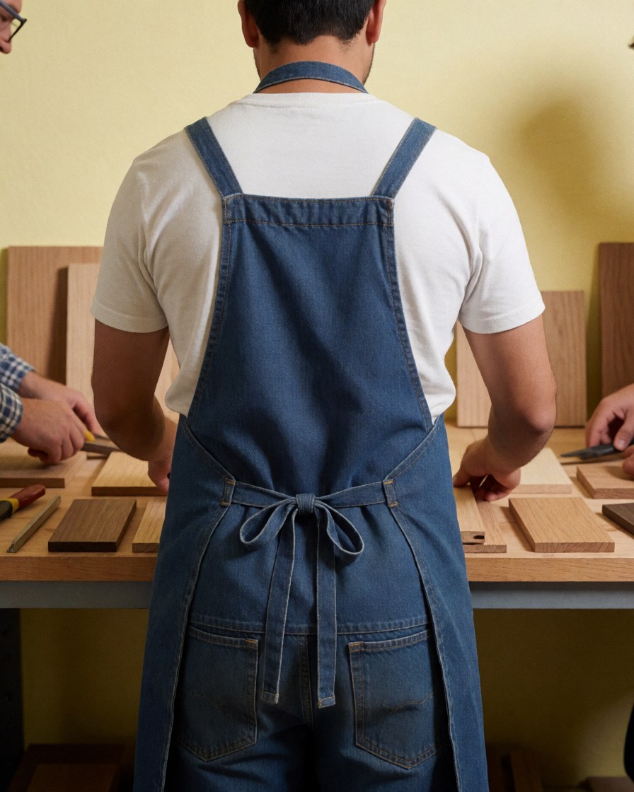 Charpentier de dos portant un tablier bleu, triant des échantillons de bois sur une table de travail devant un mur beige.