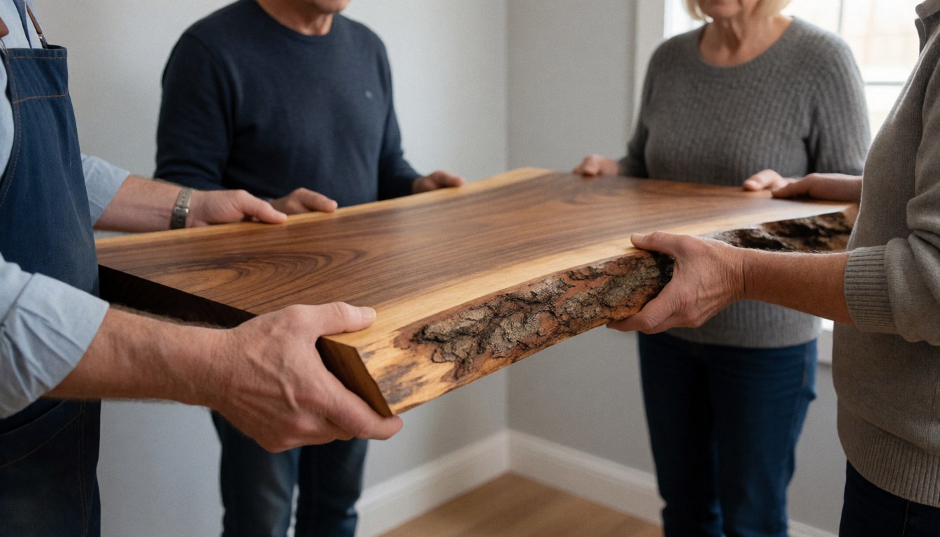 Quatre personnes tiennent une planche de bois avec bord naturel dans un atelier, montrant la finition polie et l'écorce, idéale pour des meubles artisanaux.