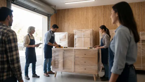 Des ouvriers enveloppent des meubles en bois dans une usine avec des murs en bois, prêts pour la livraison.