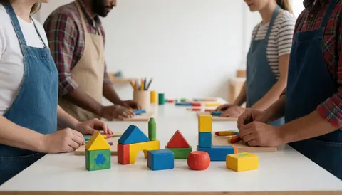 Mains en train de peindre des blocs de bois dans un atelier artisanal aux murs blancs et à la lumière du jour, idéal pour une boutique de jouets artisanaux.