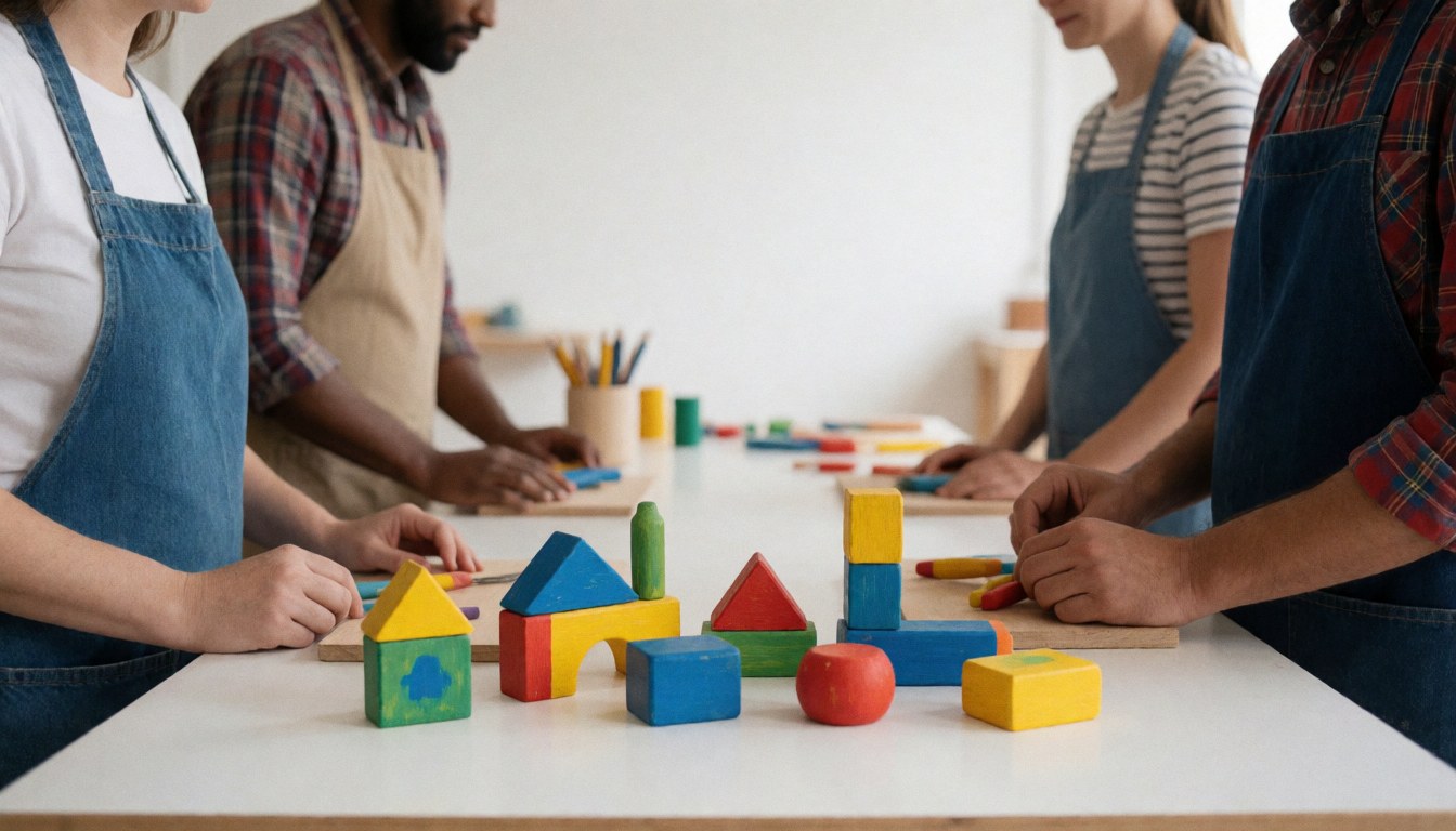 Mains en train de peindre des blocs de bois dans un atelier artisanal aux murs blancs et à la lumière du jour, idéal pour une boutique de jouets artisanaux.
