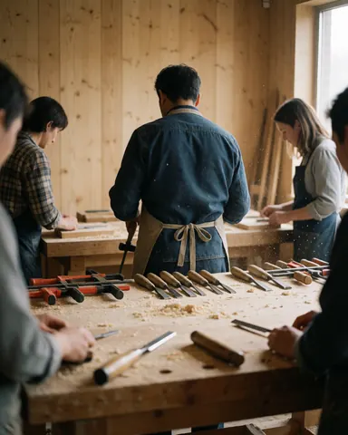Menuisier avec ciseaux et serre-joints dans un atelier de bois avec des panneaux de bois, travaillant avec de la sciure et de la lumière naturelle.