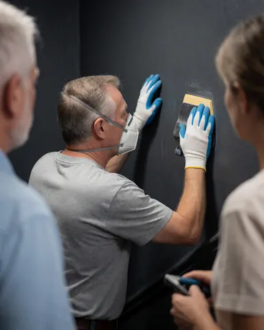 Un homme portant un masque et des gants ponçant un mur sombre tandis que deux personnes observent les travaux de réparation dans un local.