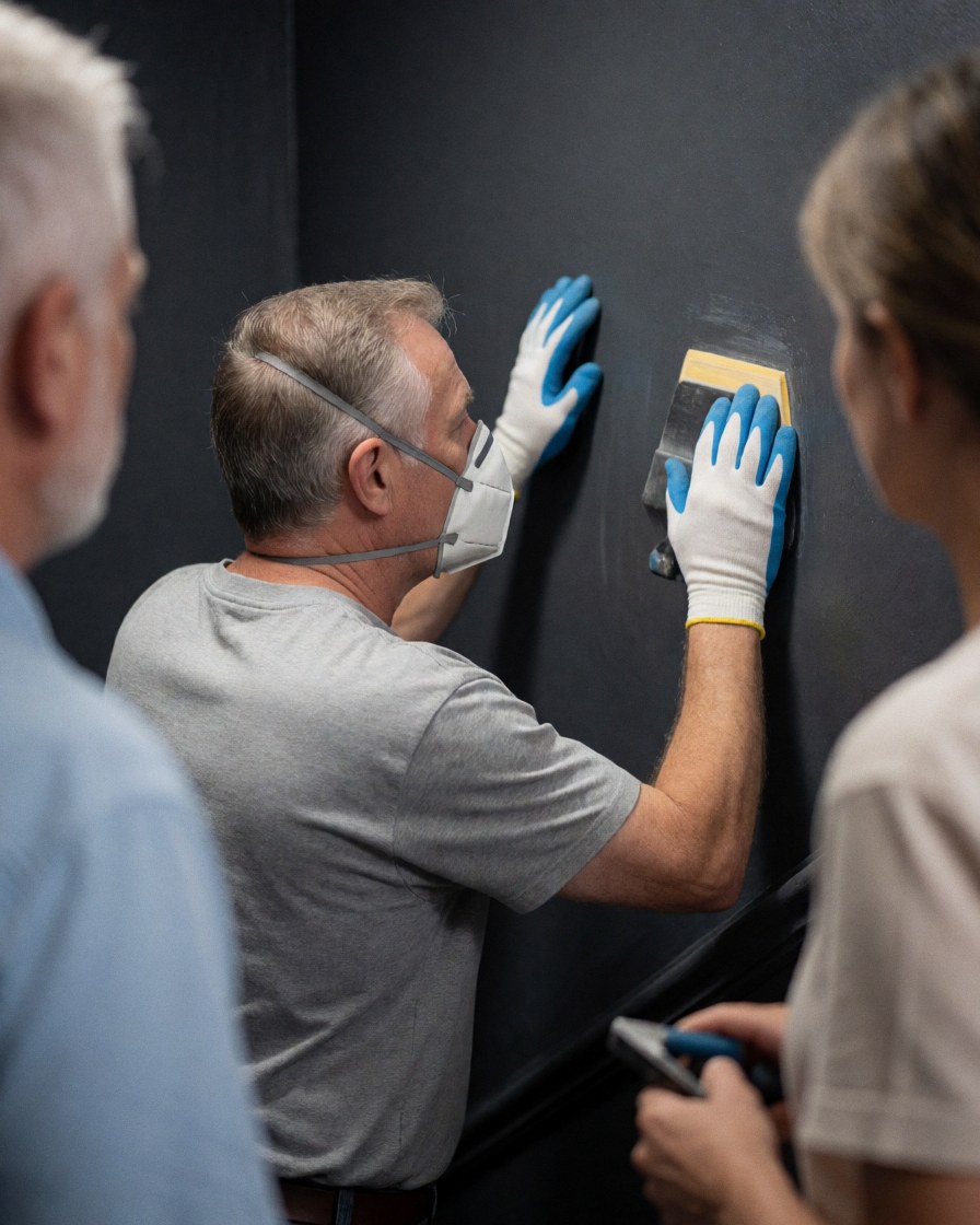 Un homme portant un masque et des gants ponçant un mur sombre tandis que deux personnes observent les travaux de réparation dans un local.