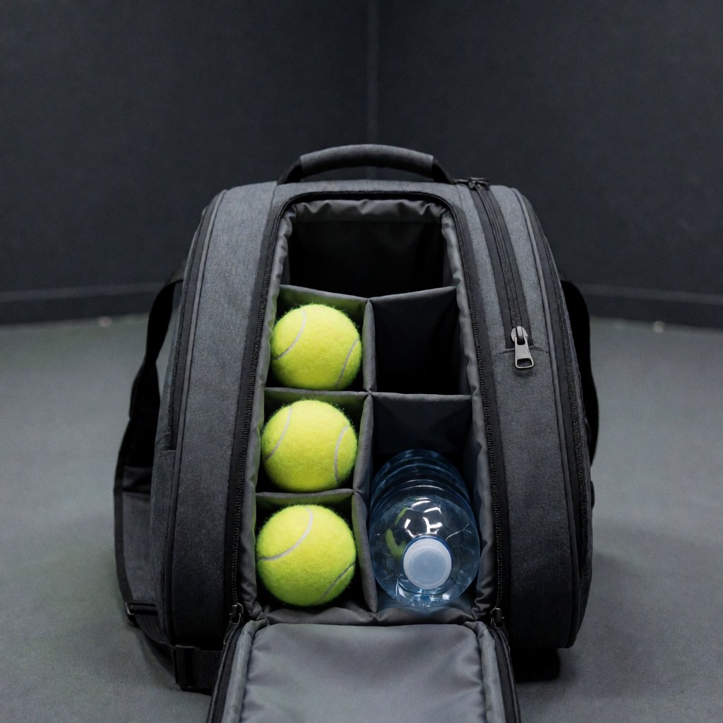 Valise de tennis ouverte contenant trois balles jaunes et une bouteille d'eau, posée sur une surface grise, évoquant la préparation d'un instructeur de tennis.