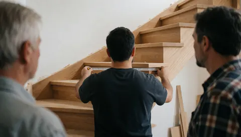 Un homme mesure une échelle en bois installée dans une maison aux murs blancs, illustrant un travail de menuiserie en cours.