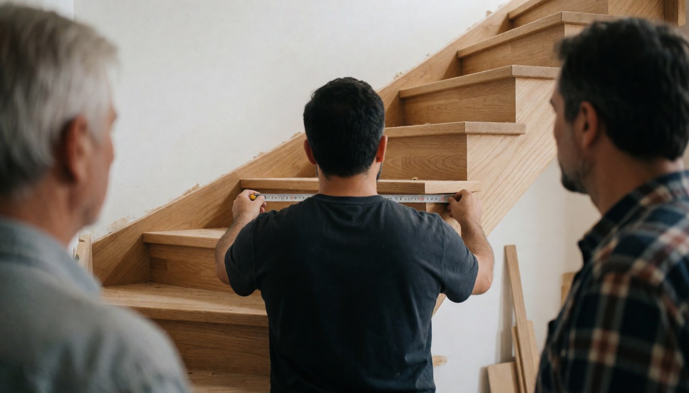 Un homme mesure une échelle en bois installée dans une maison aux murs blancs, illustrant un travail de menuiserie en cours.