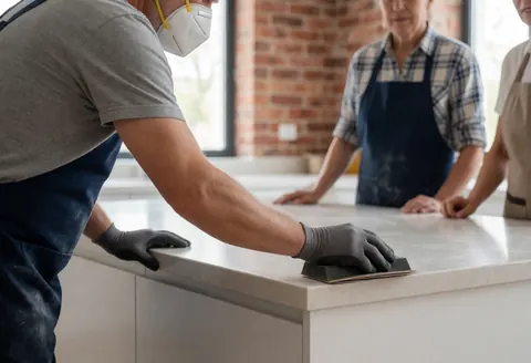 Un menuisier portant un masque et des gants polit un plan de travail stratifié dans une cuisine moderne avec des murs en briques et une lumière naturelle.