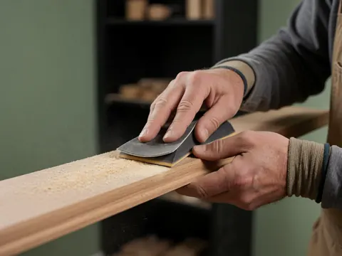 Mains travaillant avec un bloc de ponçage sur du bois poli, fond d'atelier avec étagère sombre.