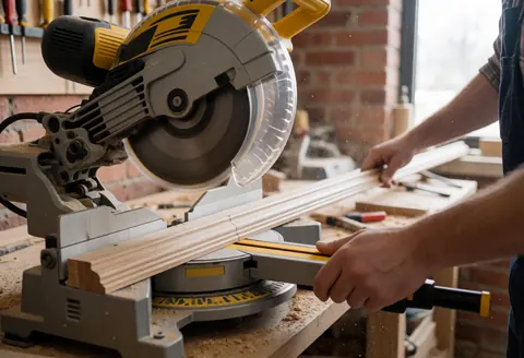 Des mains guident une moulure en bois sur une scie circulaire, avec de la sciure volant dans un atelier aux murs de briques.