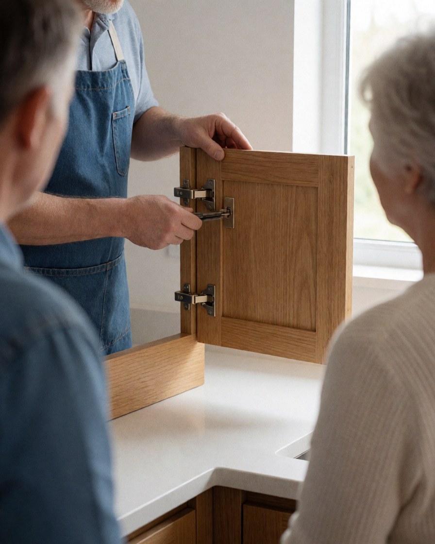 Un menuisier ajuste une charnière sur un meuble en bois dans une cuisine moderne, sous la lumière naturelle, pendant que deux clients observent le travail.