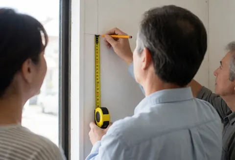 Un menuisier mesure un mur avec un mètre ruban jaune et marque avec un crayon, deux personnes observent le travail sur un mur blanc.