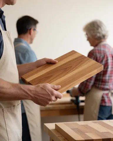 Un menuisier tient une planche de bois avec un grain apparent dans un atelier aux murs blancs et aux outils en arrière-plan.