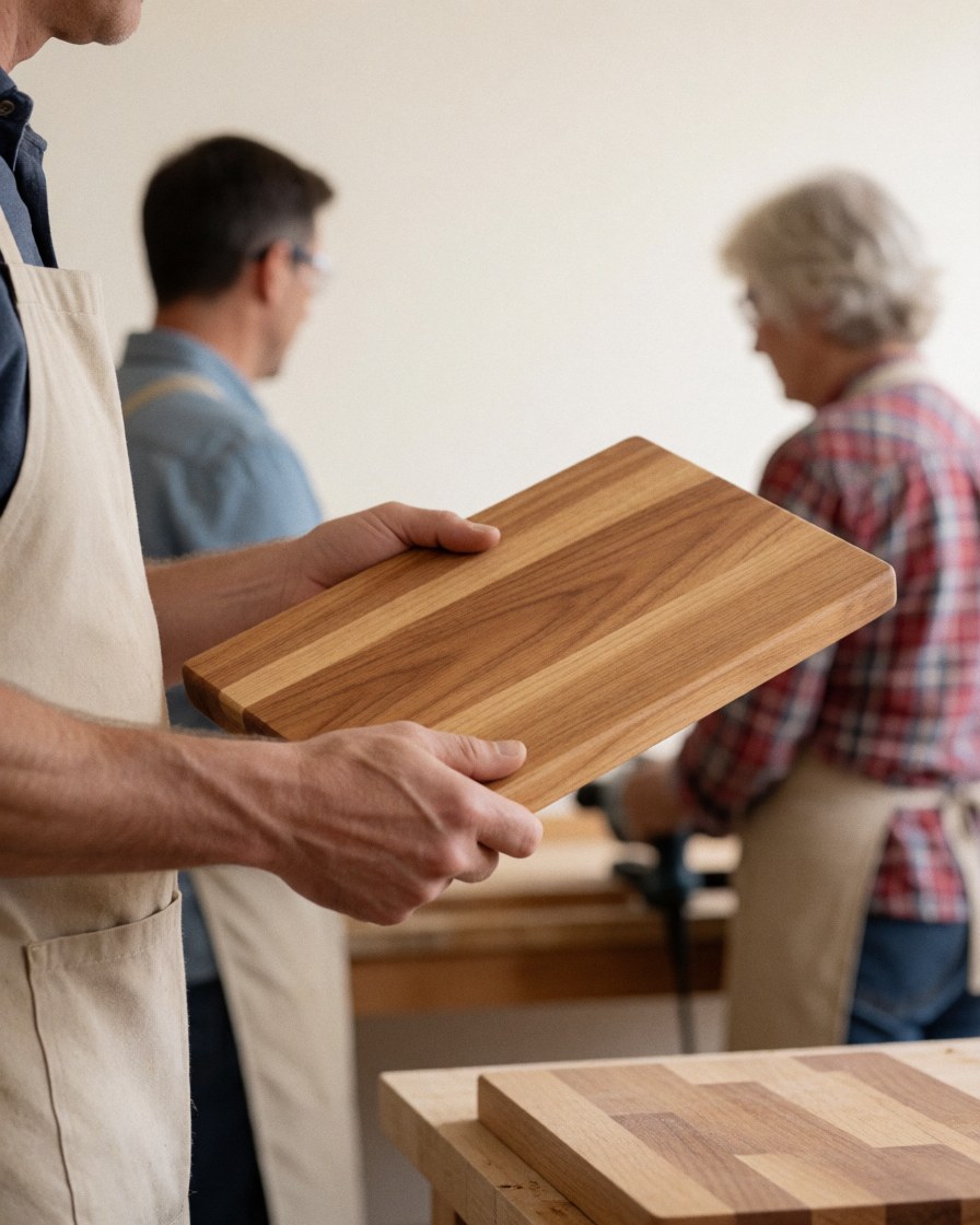Un menuisier tient une planche de bois avec un grain apparent dans un atelier aux murs blancs et aux outils en arrière-plan.