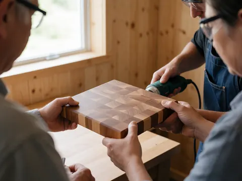 Des mains travaillant sur une planche de bois à motif dans un atelier avec des murs en bois et une lumière naturelle pour une entreprise de menuiserie artisanale.
