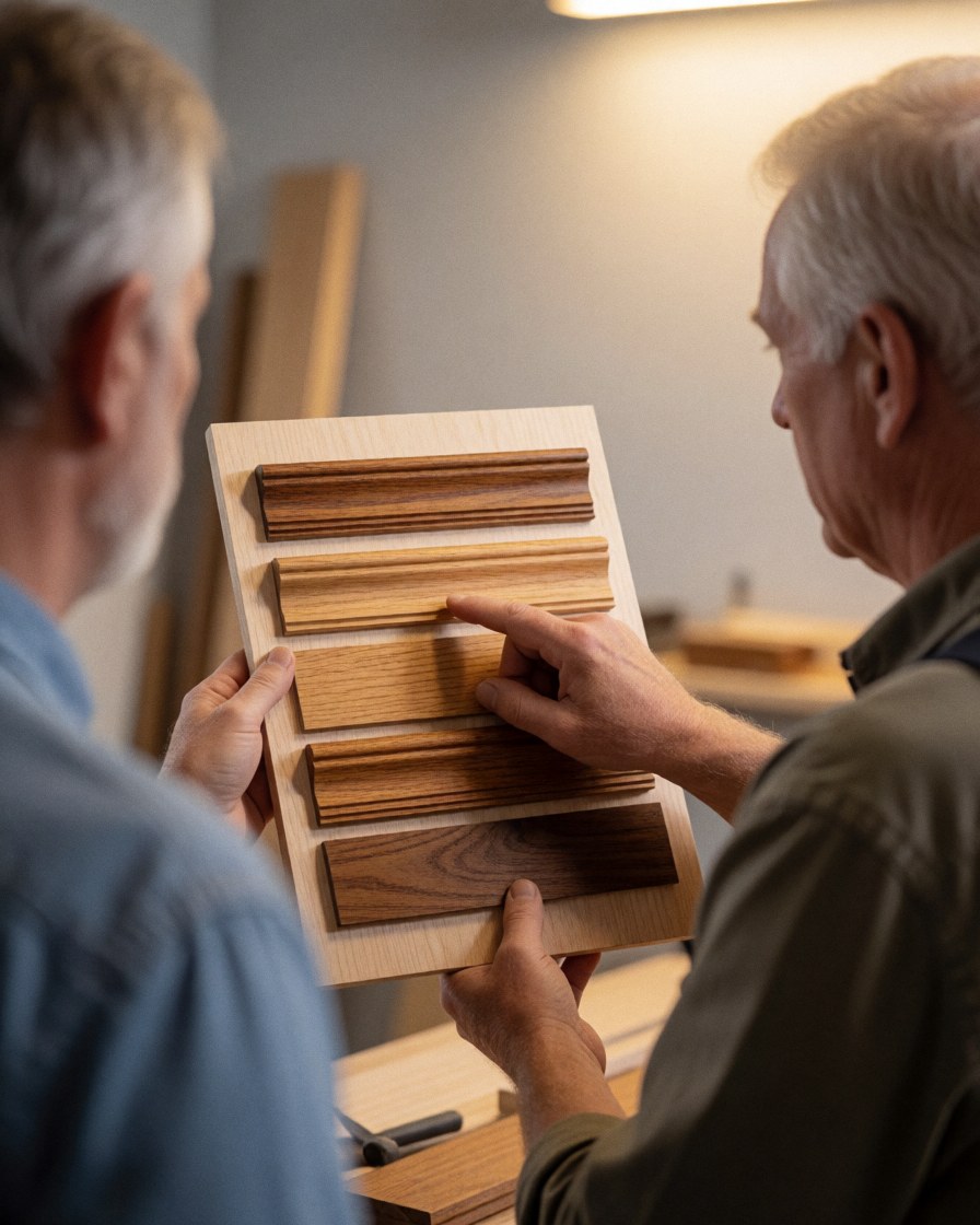 Un client examine des échantillons de moulures en bois en compagnie d'un menuisier dans un atelier bien éclairé, avec des finitions visibles.