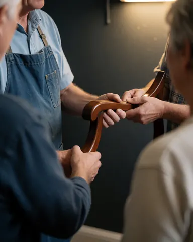 Le menuisier tend une chaise en bois restaurée au client. Ses mains et le bois poli sont visibles dans un atelier aux murs gris et à l'éclairage chaleureux.