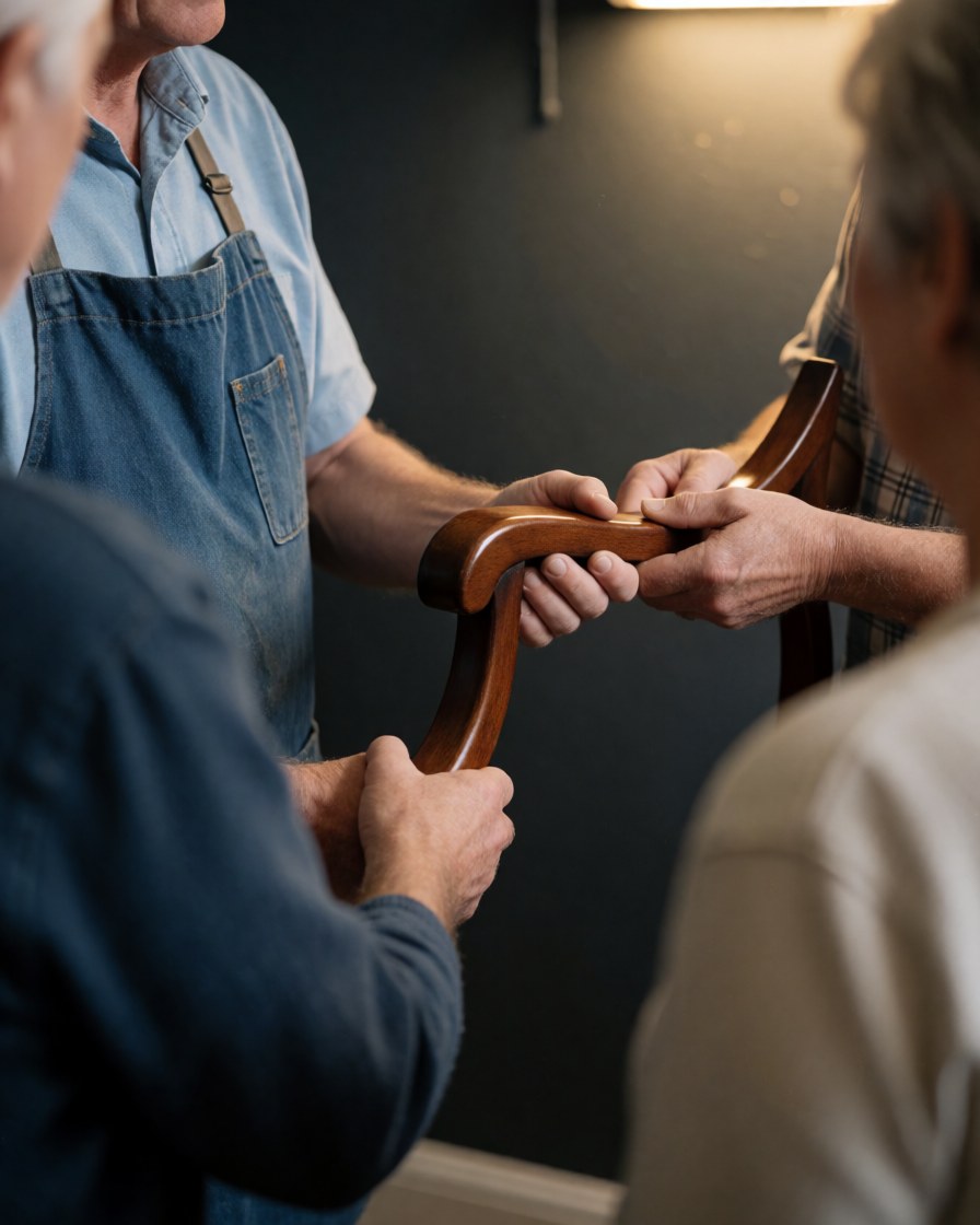 Le menuisier tend une chaise en bois restaurée au client. Ses mains et le bois poli sont visibles dans un atelier aux murs gris et à l'éclairage chaleureux.